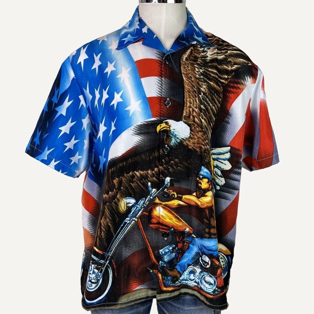 Vintage Patriotic Men Shirt XL Sapphire All Over Print Biker USA Flag Motorcycle